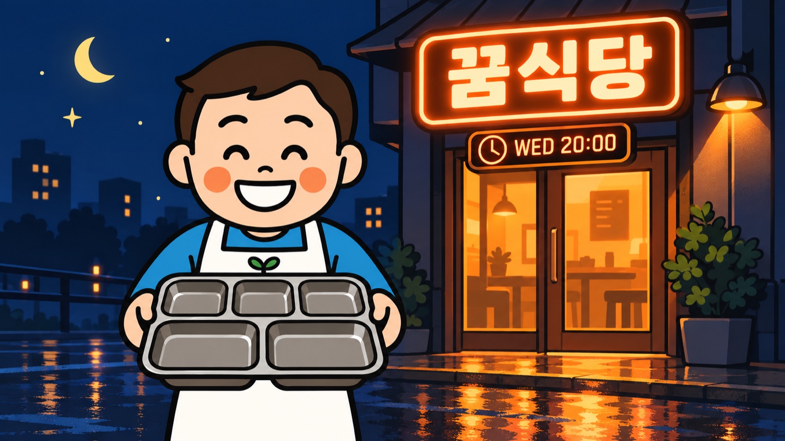 밤거리, 꿈식당 네온 간판 앞에서 식판을 든 꿈식맨