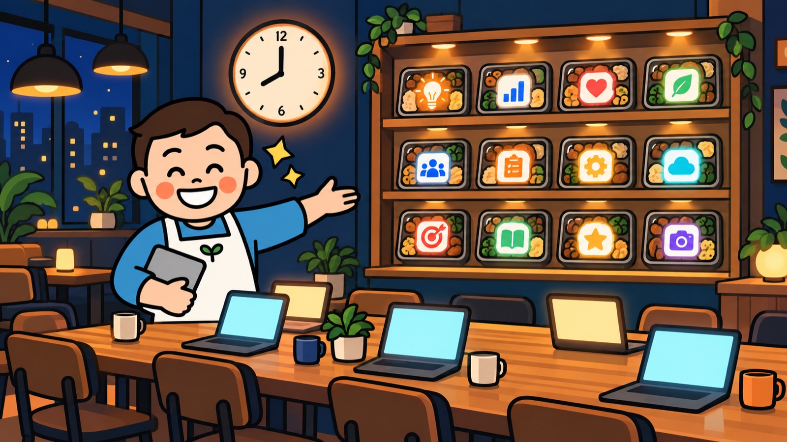 저녁 8시를 가리키는 시계 아래, 손님을 맞이하는 꿈식맨